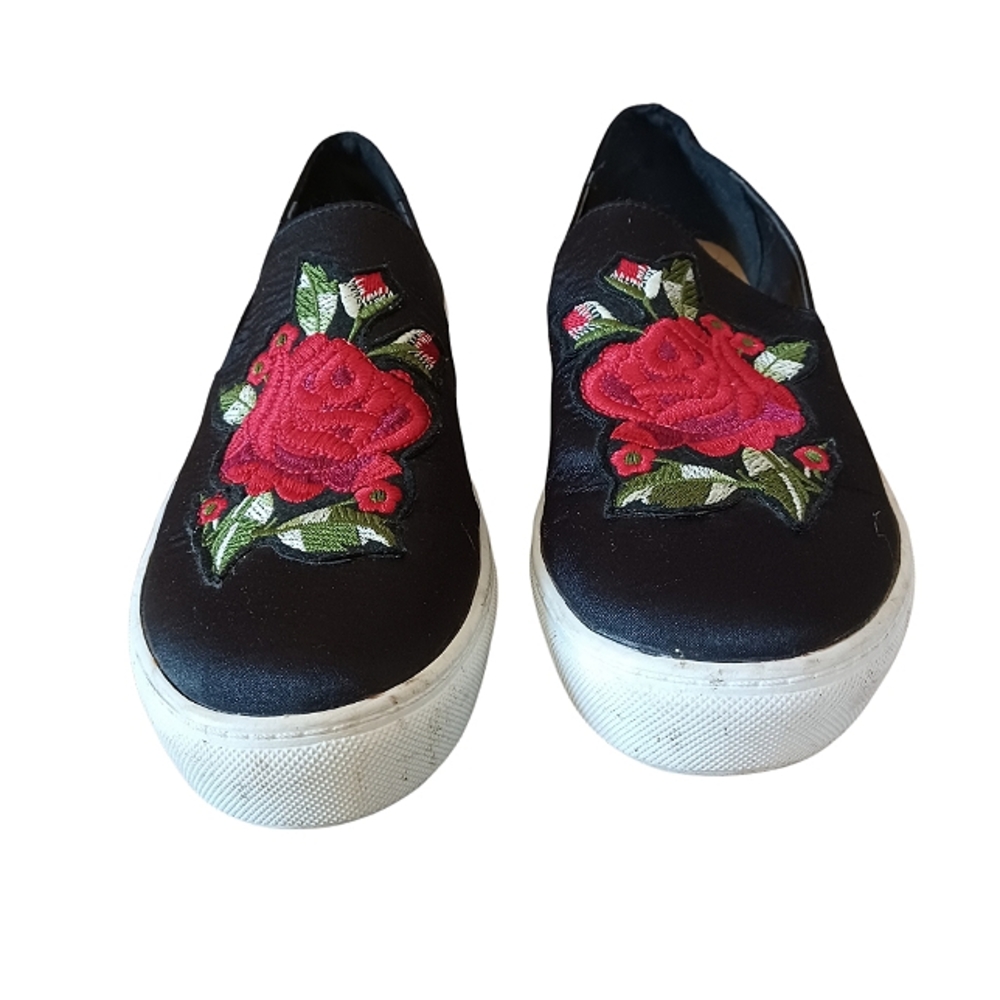 Dirty Laundry black satiny slip on shoe / sneakers with red Embroidered …